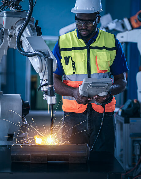 worker supervising robotic weld