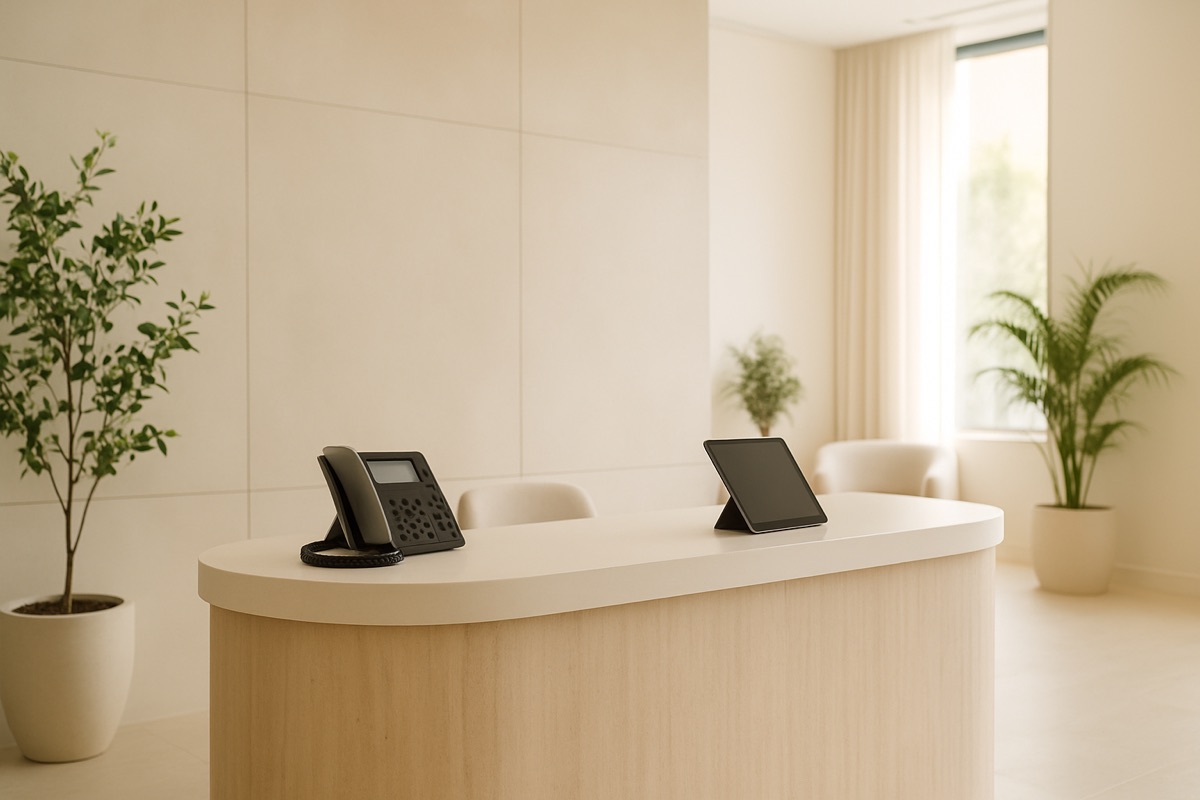 Med spa reception desk with an AI phone system answering calls